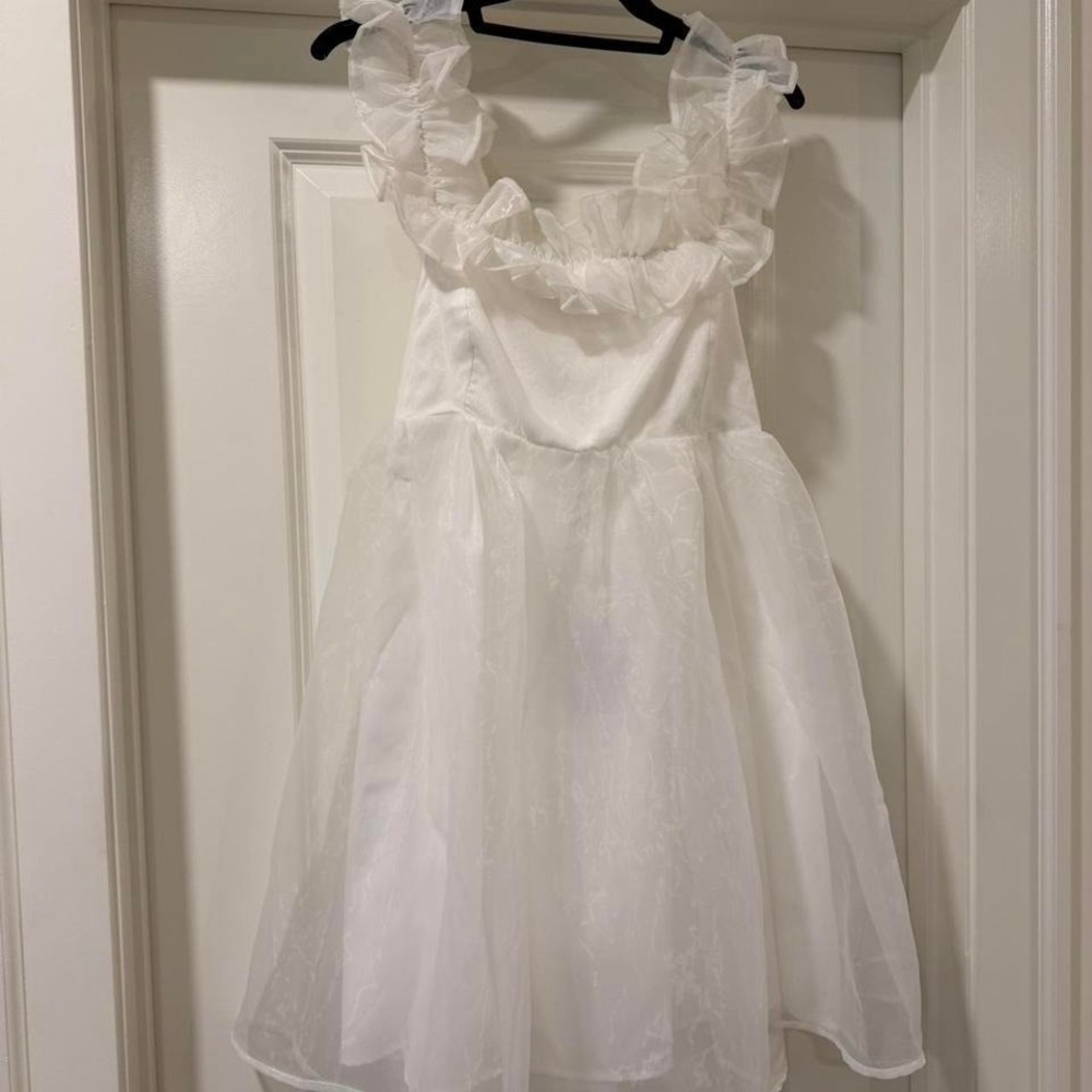 White Organza Ruffle Mini Dress Tie Back Floral Texture Cottagecore Bridal Large